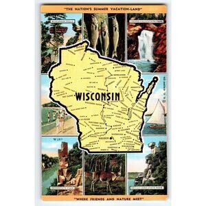 Map Postcard Greetings From Wisconsin Linen The Nations Summer Vacation Land